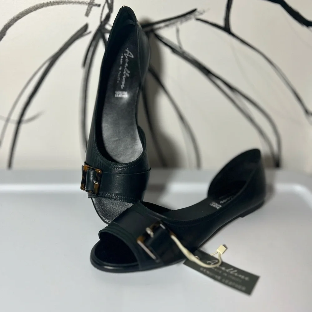 NEW Avellini Black Leather Open-Toe Flats with Buckle, Women’s Size 8 - Picture 2 of 9